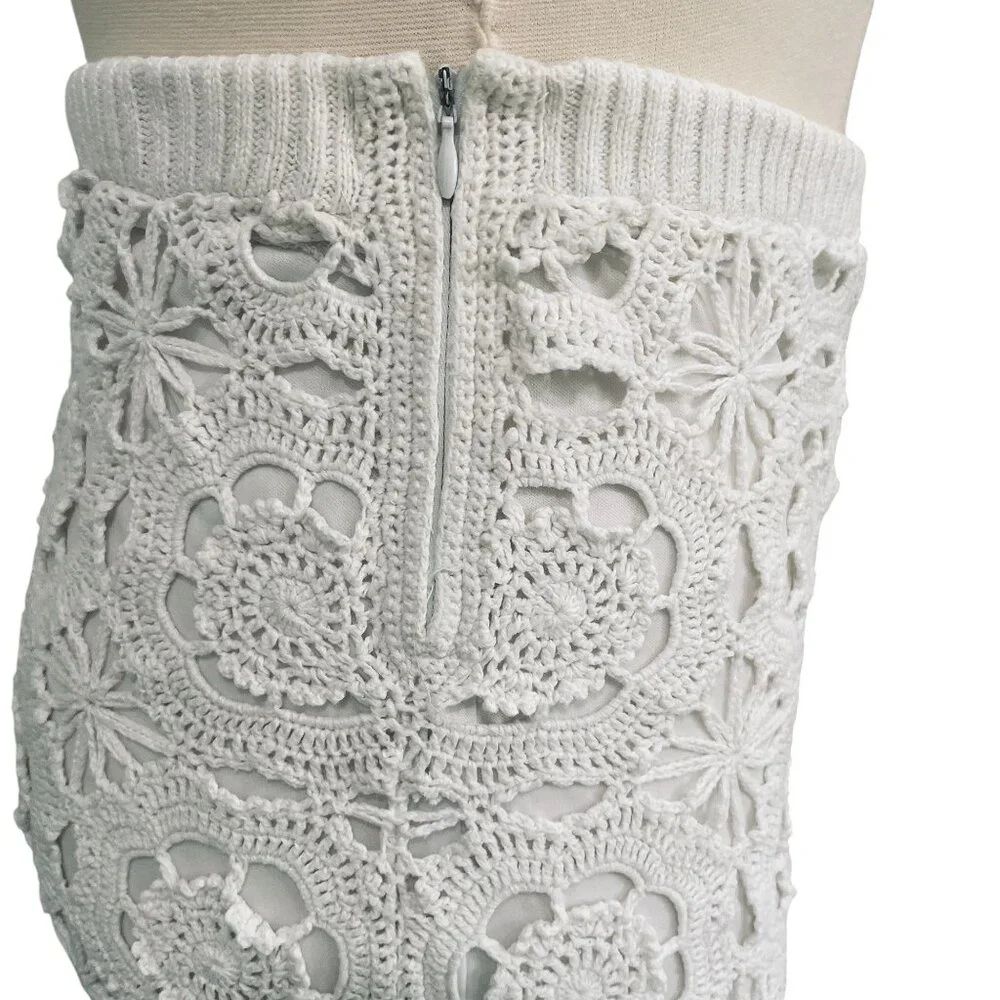 Boho Crochet Midi Skirt‎ White Floral Knit Lined 111 State XL Cottagecore - Picture 7 of 11